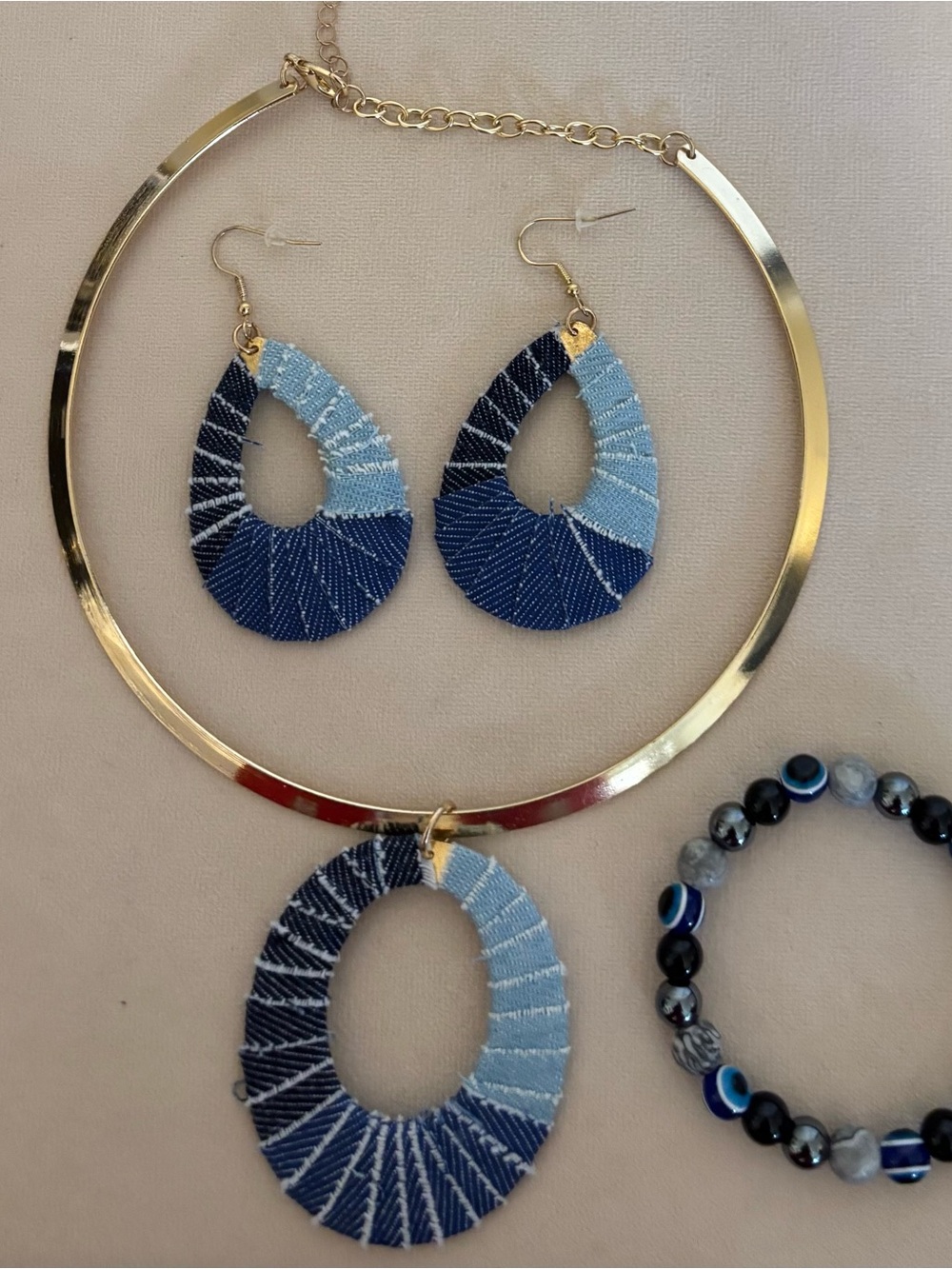 Handcrafted Blue Gradient Denim Teardrop Necklace & Earring Set